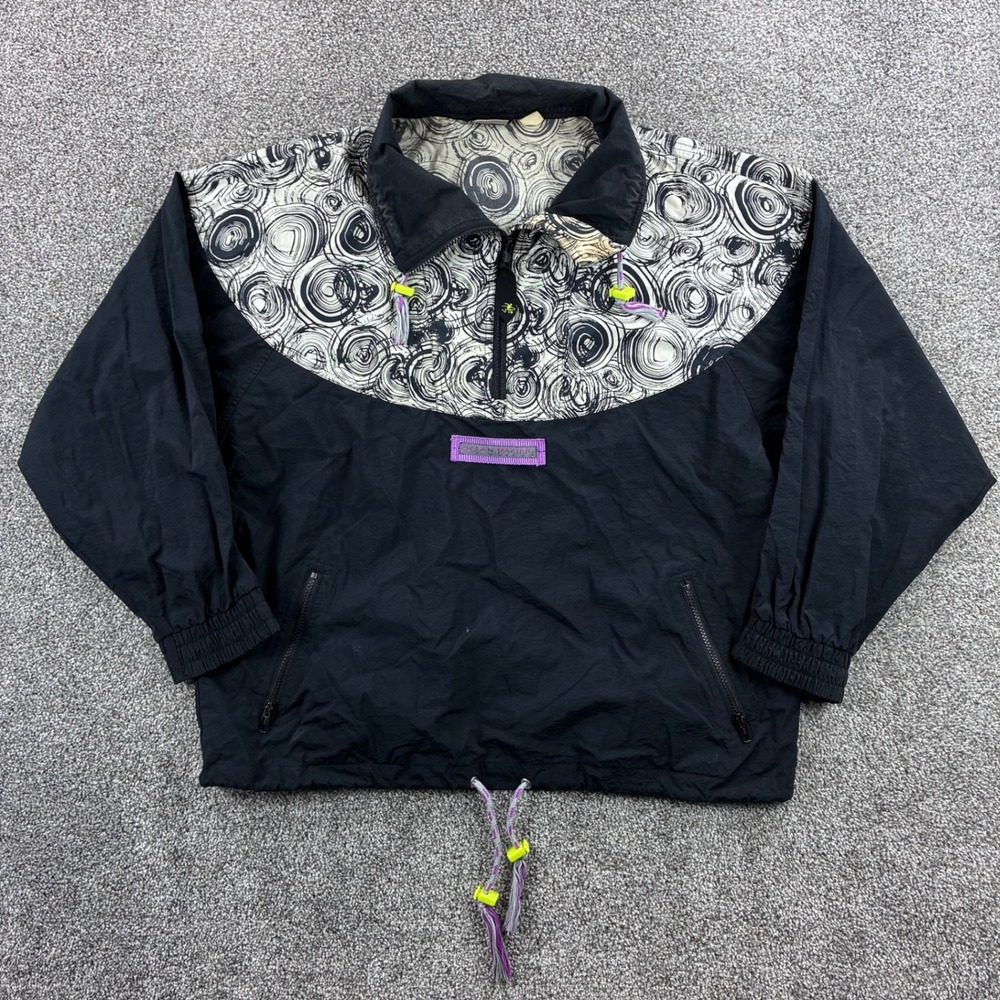 Vintage Ocean Pacific OP Windbreaker Jacket Mens XL Black Abstract Print 1/4 Zip